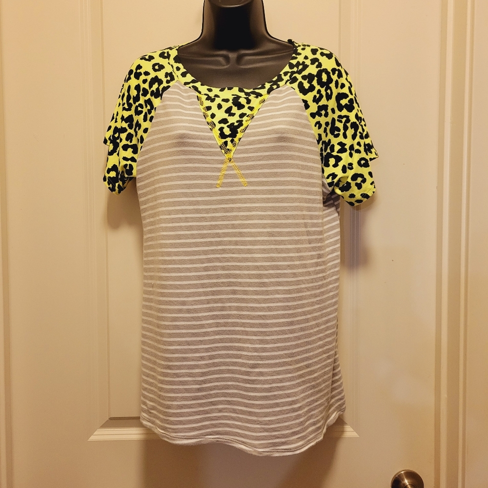 Lime Green-Black Cheetah-Gray Striped Boutique Blouse